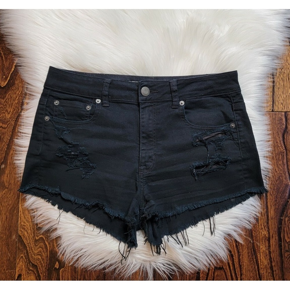 American Eagle Hi-Rise Festival Black Distressed Denim Shorts Women's Size 8